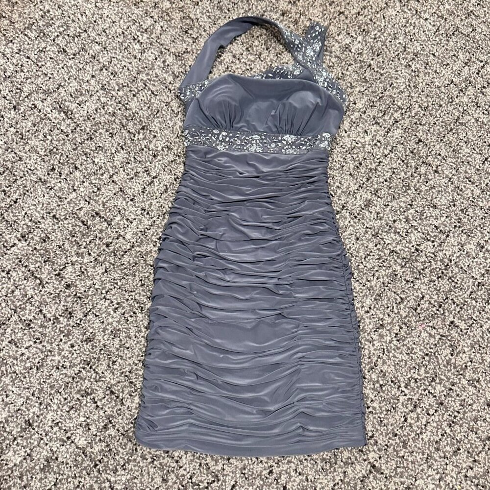 Bee Darlin Grey Beaded Dress Rhinestone Formal Cocktail party prom y2k 90s retro